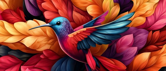 Fototapeta premium A vibrant hummingbird hovers amidst a backdrop of colorful, textured leaves, showcasing nature's beauty and intricate details.