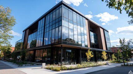 Contemporary Glass Office Building with Trees and Blue Sky in Urban Park : Generative AI