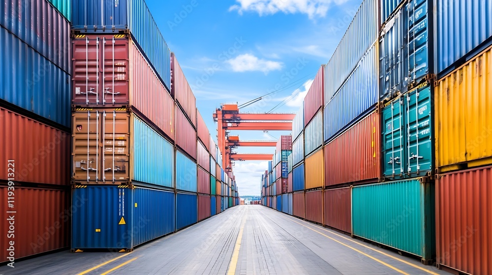 Poster Colorful shipping containers stacked symmetrically at commercial port for efficient global trade : Generative AI