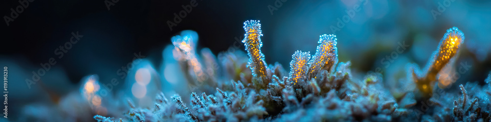 Poster close-up photograph of illuminated moss with vertical structures