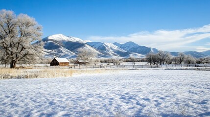 Obraz premium Snow Covered Landscape With Rustic Barn And Mountain Range Background : Generative AI