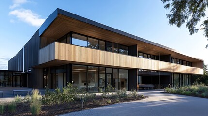 Innovative Eco-friendly Office Building with Wooden Facade and Green Spaces : Generative AI