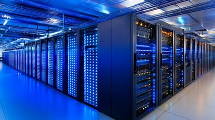 Vast futuristic data center with blue illuminated server racks and advanced technology systems : Generative AI