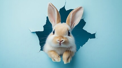 Obraz premium Rabbit breaking through wall creative concept minimalistic design fun