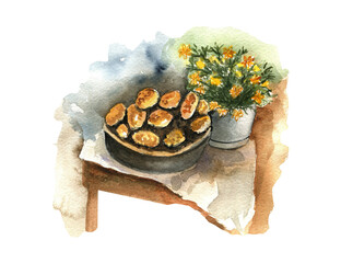 Watercolor illustration of a plate with grandma's pastries.