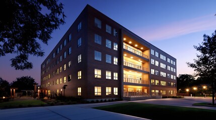 Obraz premium Newly Built Brick Multifamily Housing Complex in Calming Evening Light : Generative AI