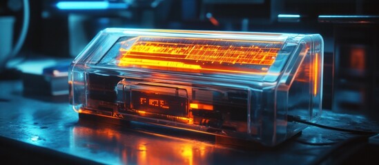 Obraz premium A close up view of a futuristic electronic device with a glowing illuminated microchip and circuit board design creating a captivating and high tech visual in the dark