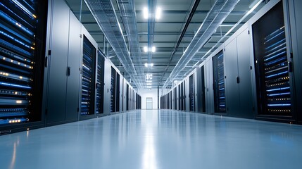 Fototapeta premium Modern data center with rows of powerful blue illuminated servers : Generative AI