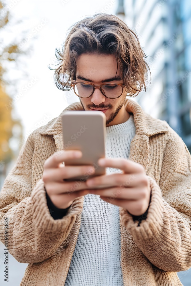Poster young man in urban setting focusing on smartphone for social media interaction : generative ai