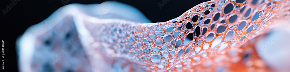 Poster abstract image of porous network structure with orange and blue hues
