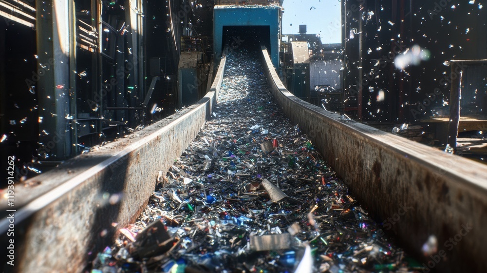Poster a detailed view of a conveyor belt filled with shredded metals being funneled into a compacting mach
