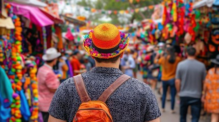 Colorful Market Scene with Vibrant Decorations and Crowded Atmosphere