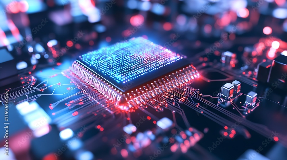 Leinwandbilder Futuristic Circuit Board with Glowing Microchip Showcasing Advanced Electronics and High-Tech Components : Generative AI