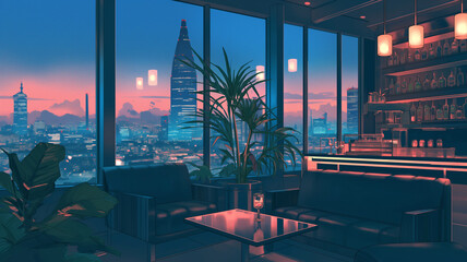 美しい都会の夜景が見える夜のカフェ。ムードのある雰囲気を感じられる。日本やアジアの都市、高層ビルが見えるカフェをイメージした。