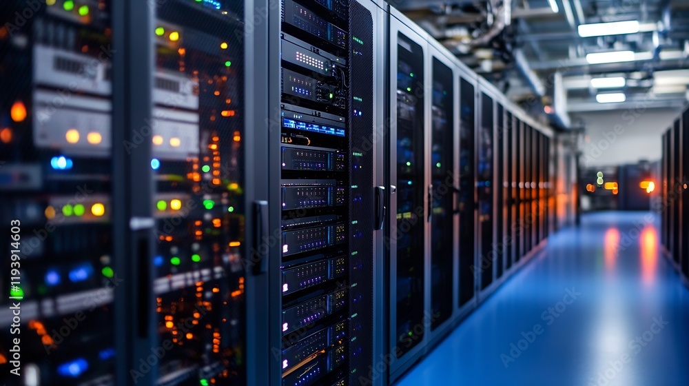 Leinwandbilder high tech data center server room with glowing lights and network cables : generative ai