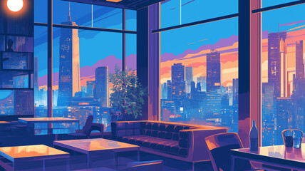 「夜景と温かい光が彩るバー空間｜落ち着いた都会の雰囲気。日本やアジアの都市、高層ビルが見えるカフェをイメージしたイラスト。