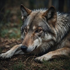 Fototapeta premium A wolf lying down, ears perked up, looking curiously at the viewer.