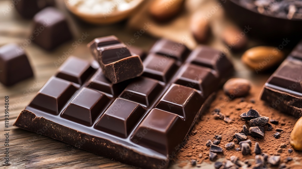 Poster delicious dark chocolate bars with cocoa and almonds on rustic wooden table : generative ai