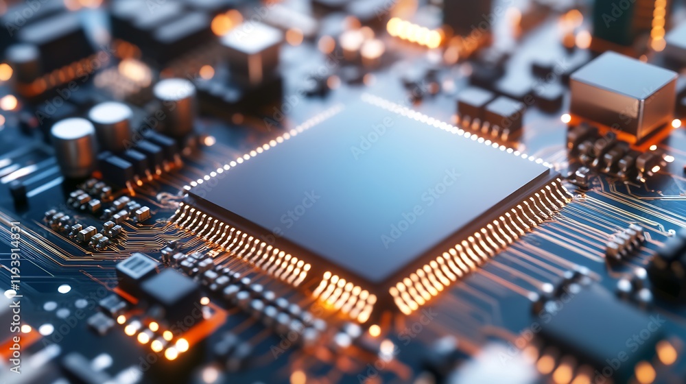 Leinwandbilder close-up of a computer chip on a circuit board with glowing lights : generative ai