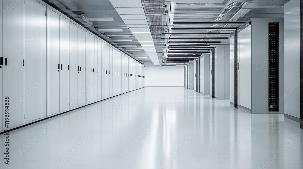 Aufkleber Spacious Modern Data Center Corridor with Rows of Servers and Network Equipment : Generative AI