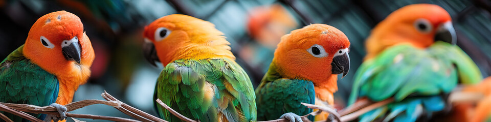 Fototapeta premium Multiple Sun Parakeets Perched on Branches