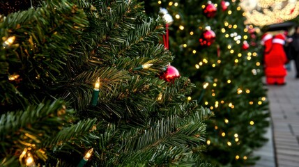 Festive Christmas Trees with Warm Lights   Red Ornaments