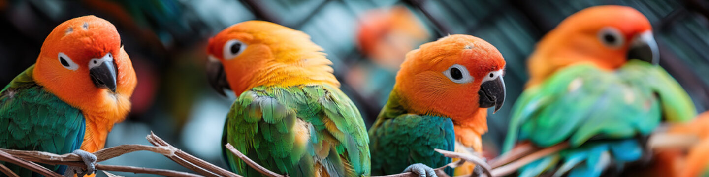 Multiple Sun Parakeets Perched on Branches