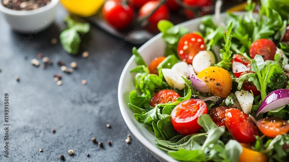 Poster fresh healthy salad with tomatoes and mixed greens on rustic table : generative ai