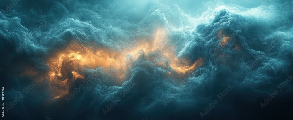 Poster dark abstract background with swirling smoky textures and soft teal light in surrealism style