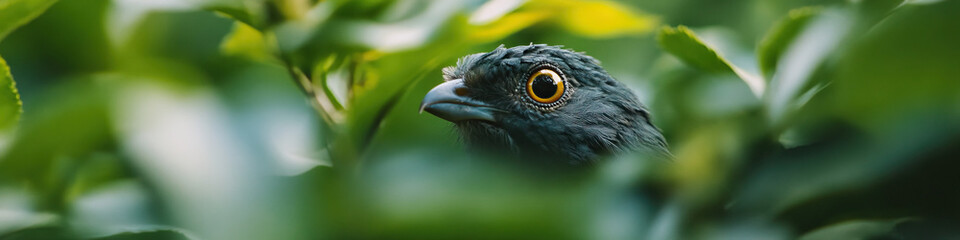 Fototapeta premium Close-up of a Dark-colored Bird Partially Concealed by Green Leaves