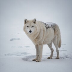 Obraz premium A lone arctic wolf standing in the snow, blending with the white background.