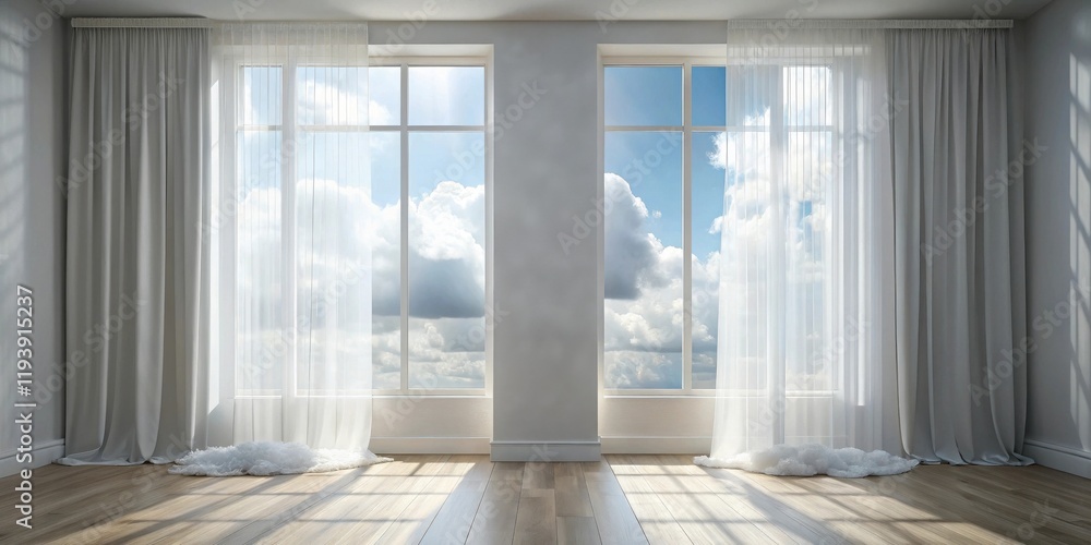 Poster serene room interior with large windows and flowing curtains, sunlight streaming through, creating a