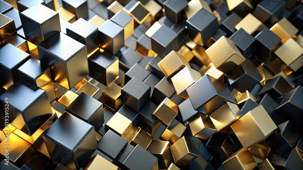 Poster abstract composition of interlocking gold and black cubes