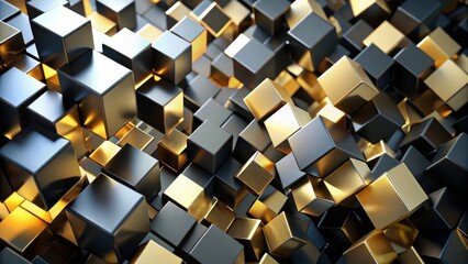 Abstract Composition of Interlocking Gold and Black Cubes