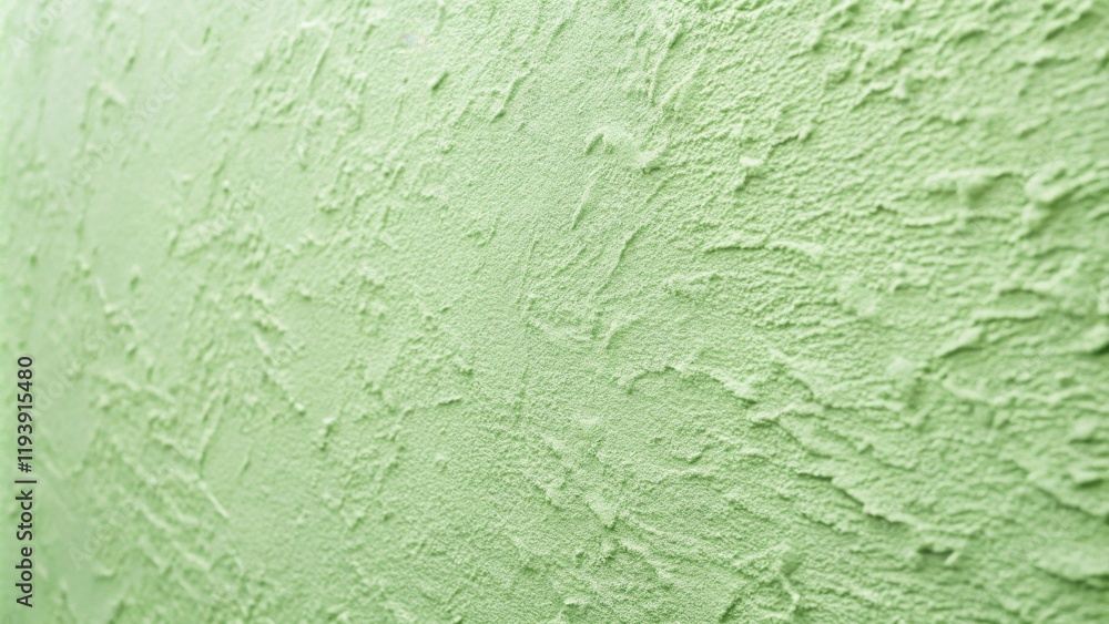 Poster close-up view of a pale green textured wall surface showing subtle undulations and a rough, uneven f