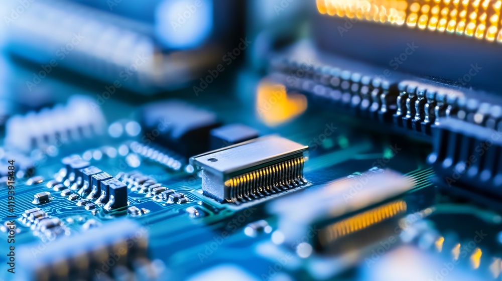 Fototapete closeup of computer circuit board with microchips and connectors : generative ai