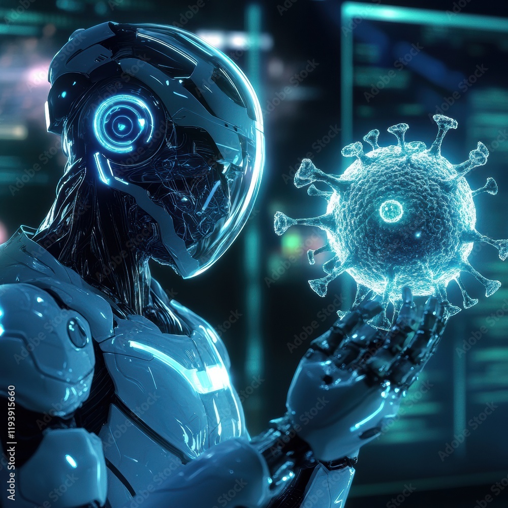 Poster robots engaged in virus neutralization using advanced technology in a futuristic laboratory setting 