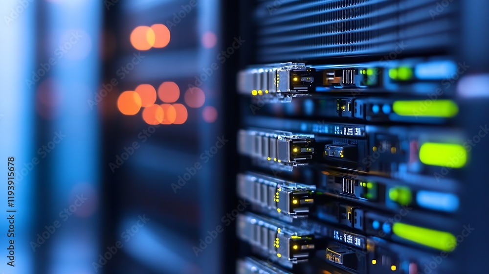 Aufkleber Closeup of illuminated server units in a network operation center : Generative AI