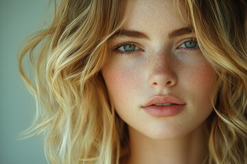 Naklejka premium Serene portrait of a mature woman with wavy blonde hair in natural lighting looking elegant and peaceful