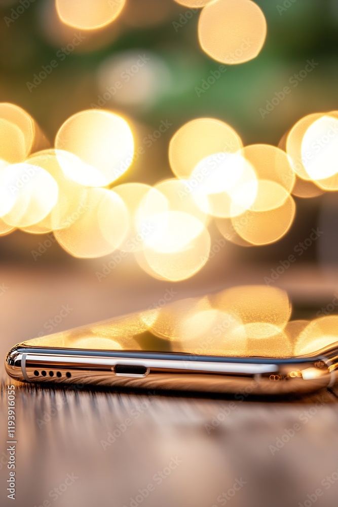Aufkleber contemporary smartphone on wooden table with warm bokeh lighting : generative ai