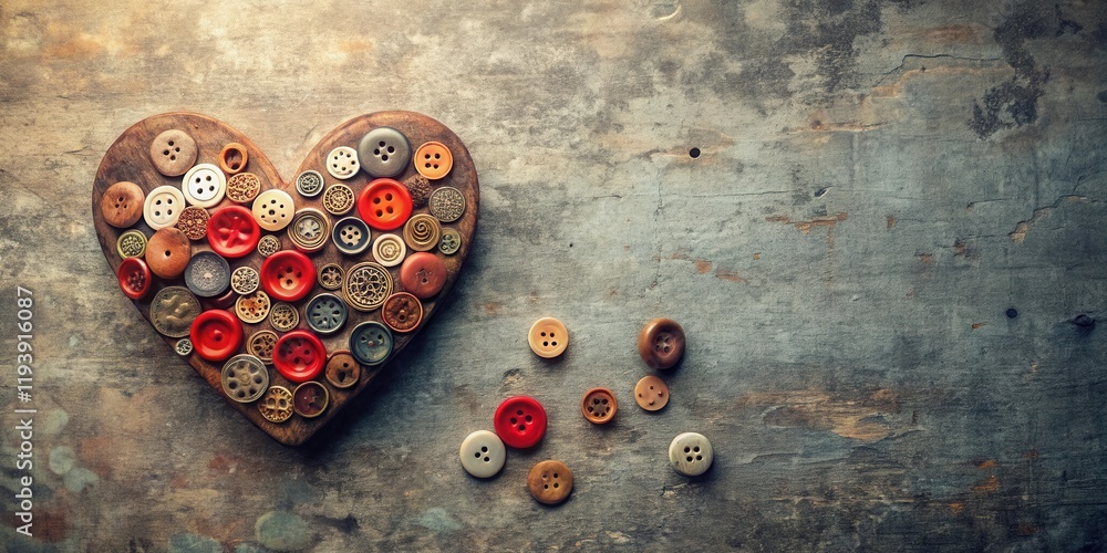 Poster A rustic wooden heart adorned with an assortment of colorful buttons, scattered on a weathered wood surface