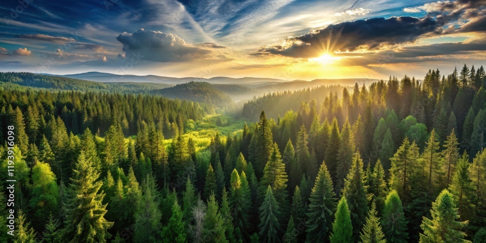 Poster aerial view of sunlit coniferous forest at sunset with rolling hills in the background