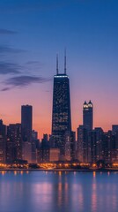 Obraz premium tall buildings illuminated at sunset next to a lake in Dubai with copy space vertically 9:16