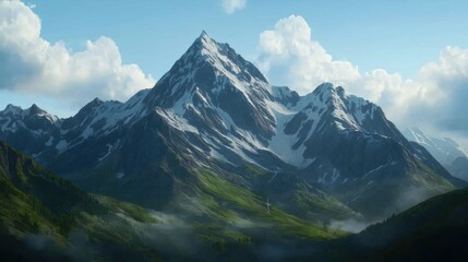 Obraz premium Majestic Snow-Capped Mountain Surrounded by Lush Green Valley