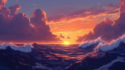 Dramatic Ocean Waves Sunset Sky Painting