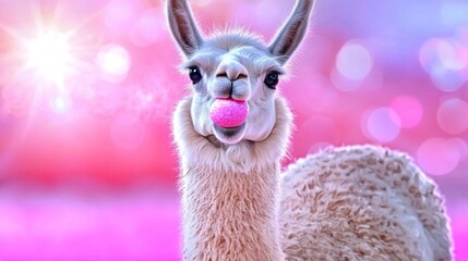 Obraz premium Funny Llama with Pink Gum Cute Animal Portrait Bokeh Background