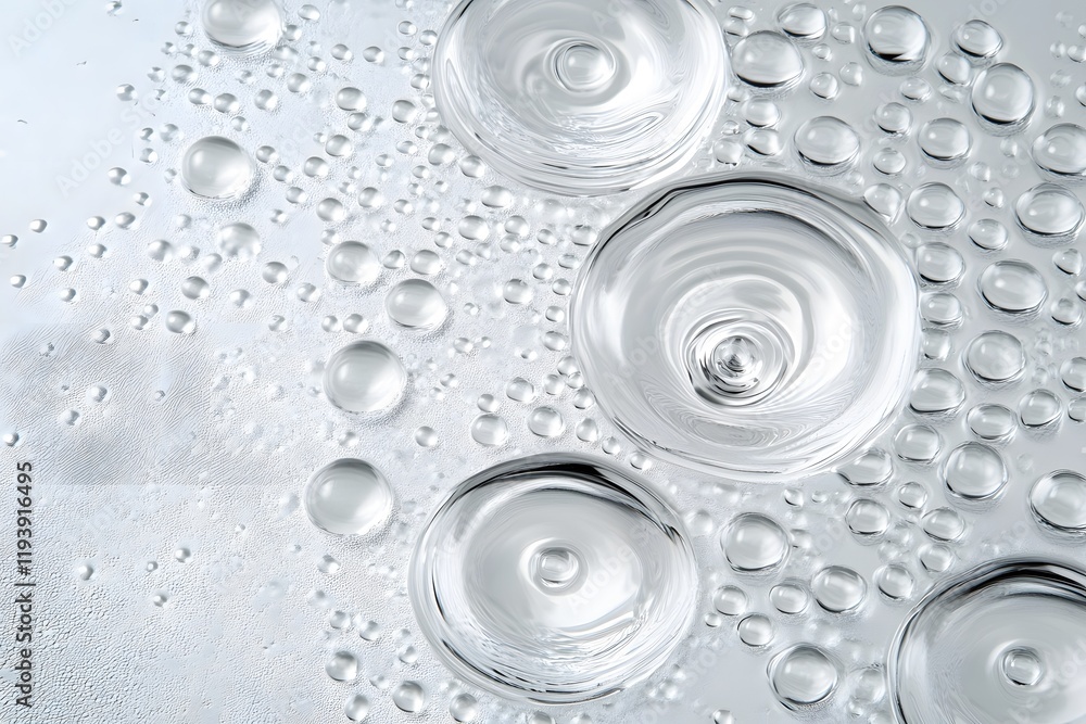 Poster water droplets with concentric ripple patterns on reflective surface