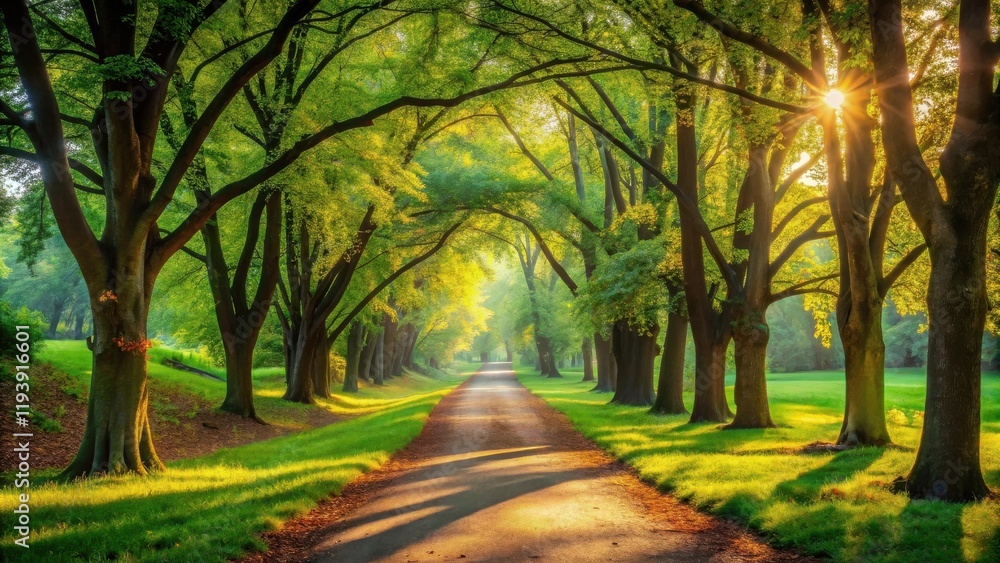 Poster sunlit path through a majestic canopy of trees