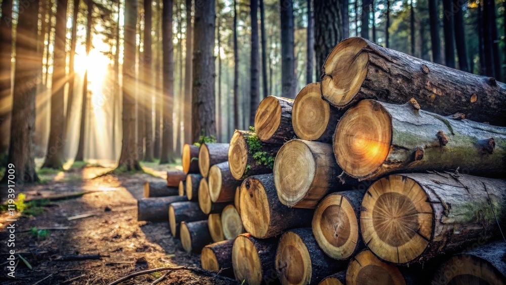 Aufkleber sunlit forest path with stacked logs at dawn
