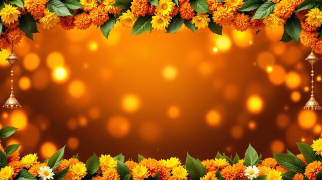 Festive Indian traditional decorations, candles, marigold flowers on orange background with golden lights. Diwali, Holi, Gudi Padwa, Ugadi. Template with copy space for design greeting card, banner